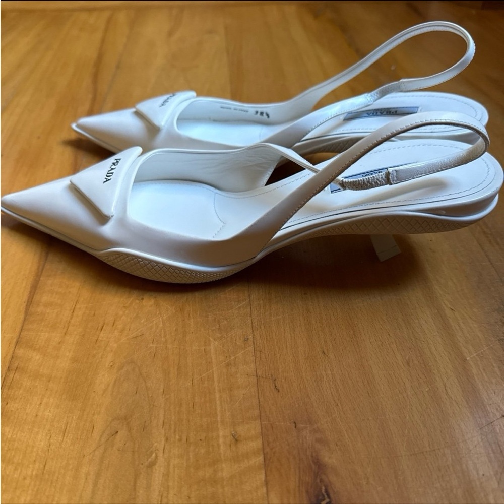 Prada Bianco Triangle Logo Kitten Heels